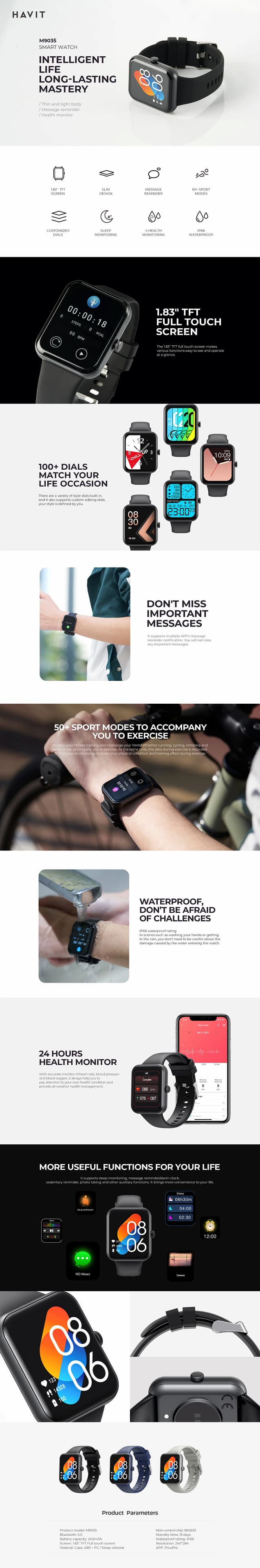 HAVIT M9035 IP68 WATERPROOF BLUETOOTH HD FULL SCREEN SMART WATCH
